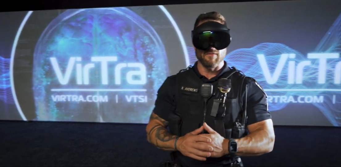 Man wearing VirTra's extended reality headset